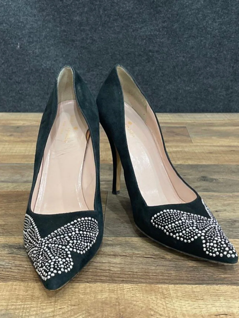 kate spade Black Suede Pointed Toe Heels with Rhinestone Butterfly